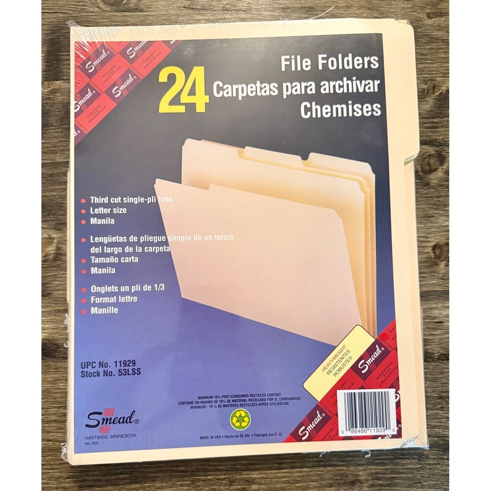 Smead File Folders Letter Size 24 Count Manila New 1/3 Cut Tabs 11929 53LSS